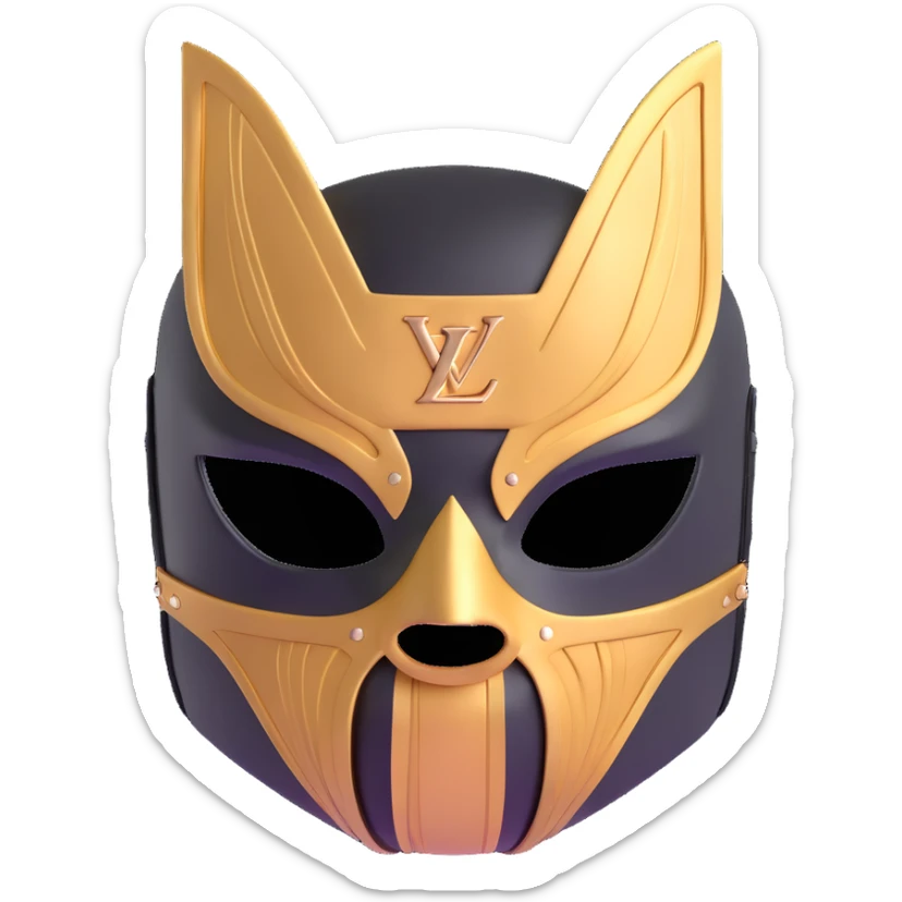 high fashion Louis Vuitton luchador mask with gold LV logos and luxury leather texture sticker