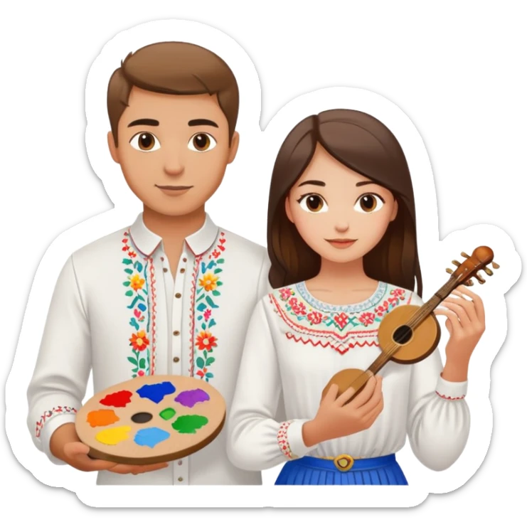 a guy in a white Ukrainian embroidered shirt and a girl in a white Ukrainian embroidered shirt, holding music and a paint palette sticker
