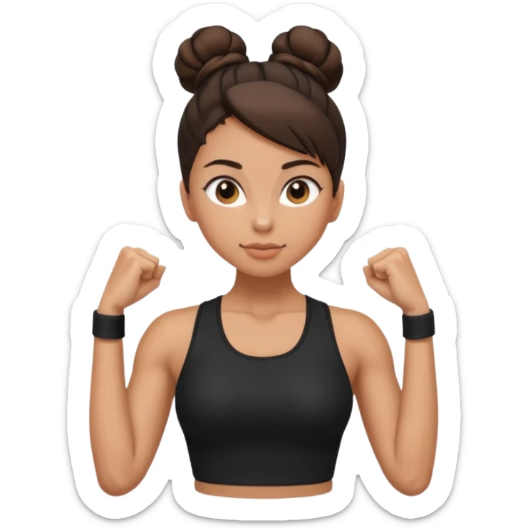 Uma mulher morena de coque alto e roupa de academia preta. Fazendo pose mostrando os músculos do braço sticker