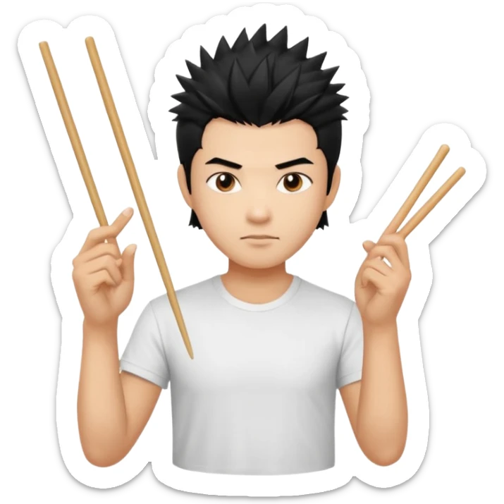 Make it a vietnamese male with spiky black hair holding only ONE pair of chopsticks in one hand, t-shirt. Please only ONE hand with chopsticks sticker