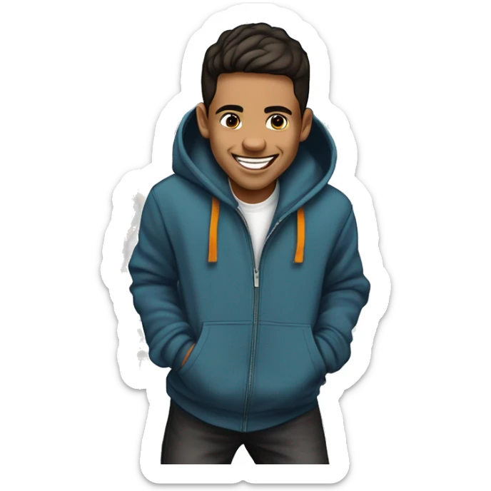 Create a playful portrait of a young man with a round face, short dark hair, and a mischievous smile, wearing a stylish hoodie. The background features colorful graffiti and an urban setting, capturing his energetic personality sticker
