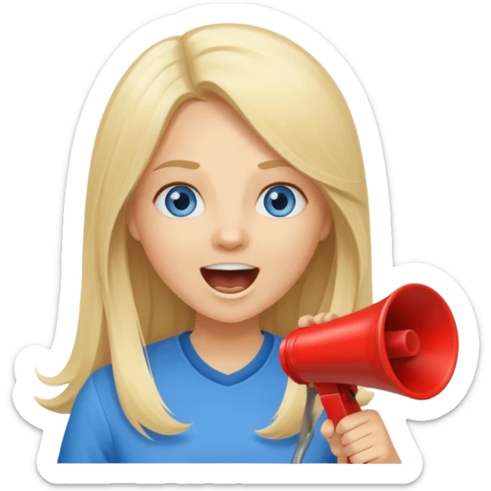 blue eyes blonde girl yelling into megaphone saying timeout long hair smiling sticker