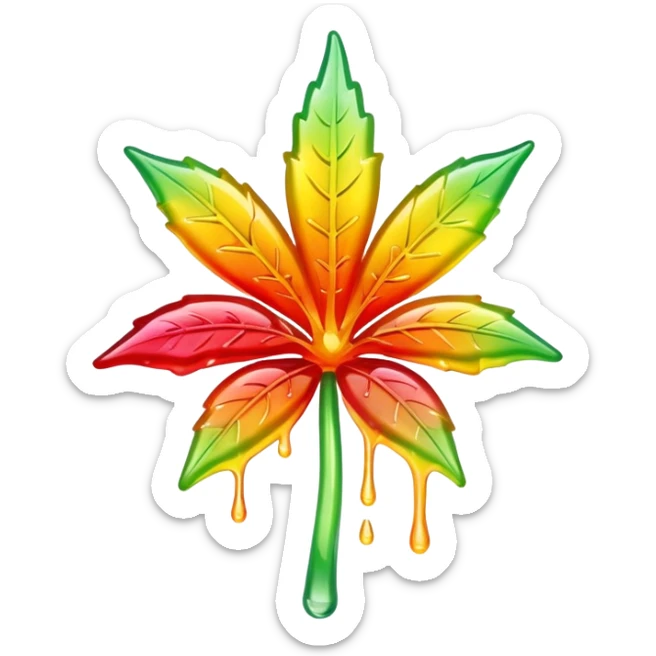 generate an emoji-style image of a juicy gummy shaped like a marijuana flower, make it colorful and with liquid dripping out sticker