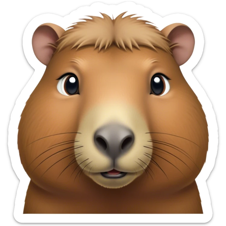 Cinematic Noble Capybara Portrait Emoji, Poised and serene, with a robust, rounded build and a characteristically broad, slightly flattened capybara face featuring a short snout and small, rounded ears, covered in soft, earthy fur with subtle natural texture and gentle, wise eyes; rendered in lifelike detail with natural light, high shine, intelligent and calm, styled with an air of understated authority, focused and attentive, soft glowing outline, capturing the essence of a watchful and confident capybara that appears ready to step out of the screen with effortless dignity! sticker