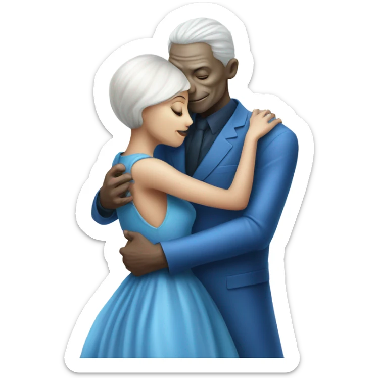 White man in blue dress  hugs and kissing Alien reptilian woman in silver dress  sticker