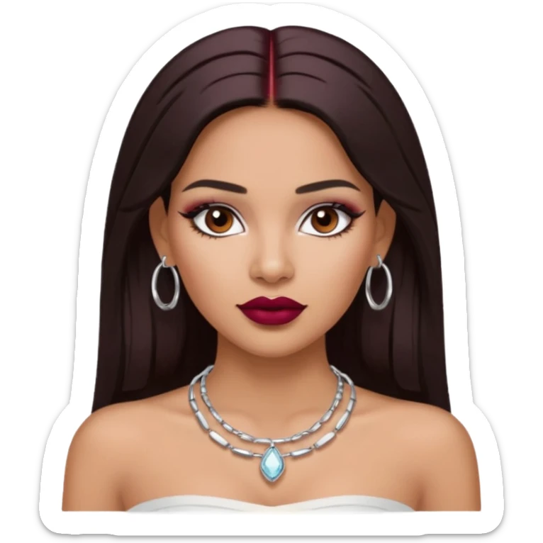 latina makeup olsun, saçları düz, halka küpeler taksın. takıların hepsi gümüş rengi olsun halka küpeler ve kolye dahil. makyajı ağır olsun ve beyaz bir Bandeau top kıyafet giyisin dudakları bordo olsun sticker