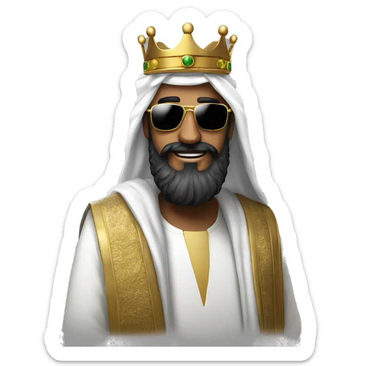 A man in an arafat with a large black beard and large square sunglasses, wearing a golden crown on top of the arafat sticker