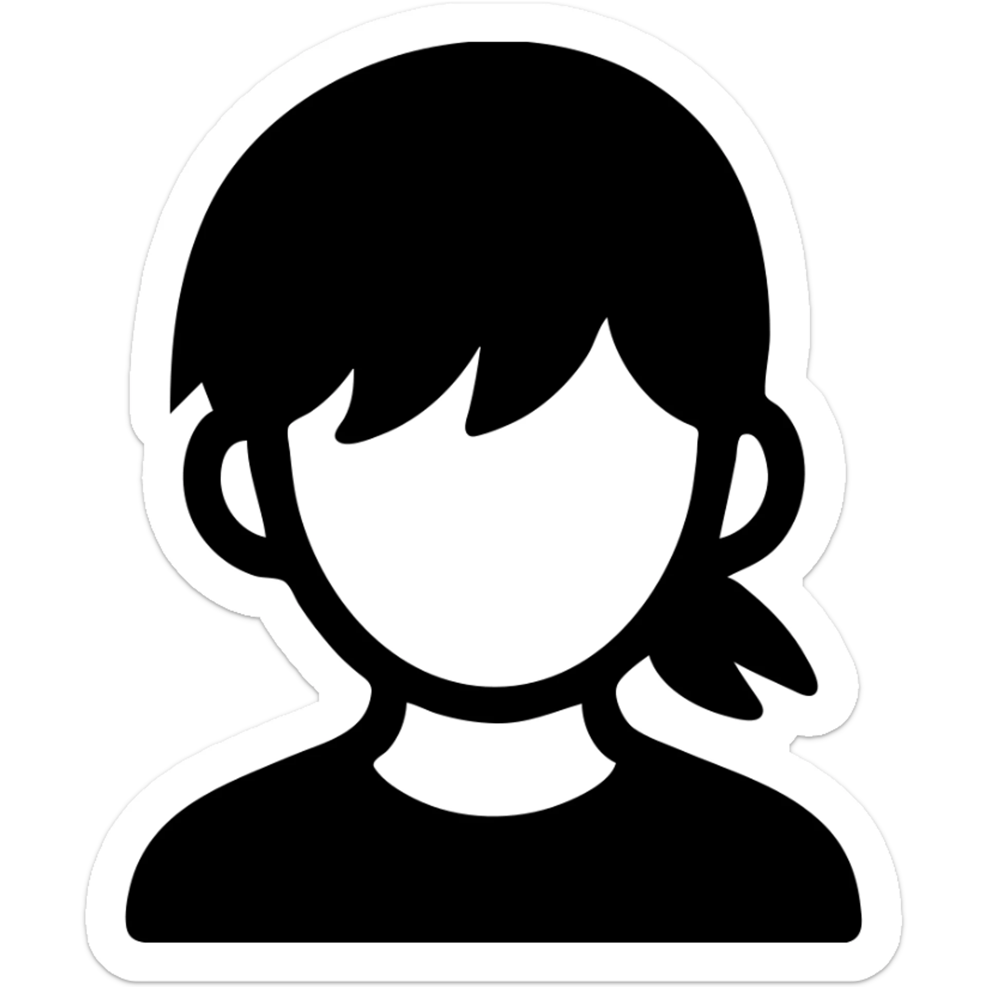 A boy with bangs covering his eyes, long hair sticking out at the back, and long side locks. He has brown eyes and dark brown hair, and is wearing a maroon t-shirt. sticker