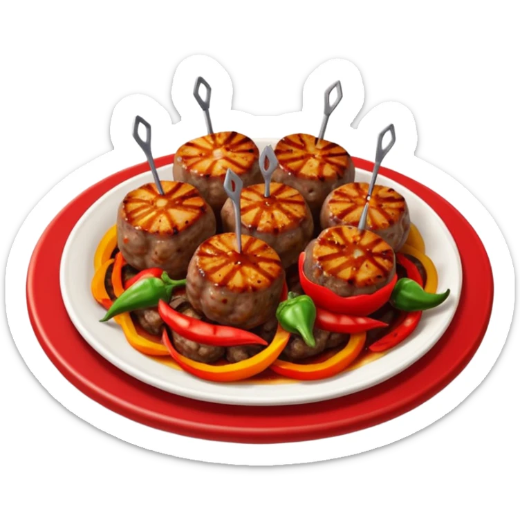 Akçaabat meatballs object icon, grilled Turkish kofte pieces on a plate, smoky char marks, juicy texture, served with grilled peppers and tomatoes, 3D cartoon, mobile game icon style, centered, clean background, no text, no watermark
 sticker