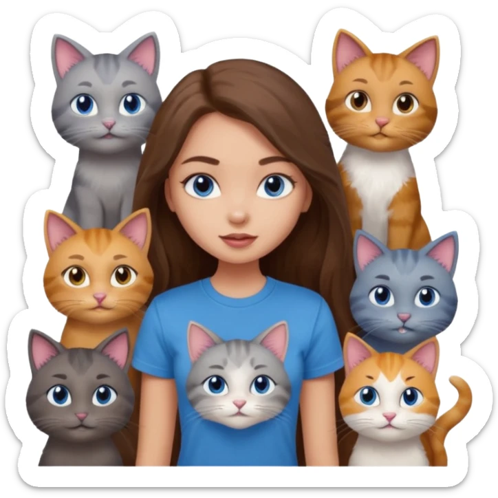 a pretty bratz dusky light skin girl with long brown hair, blue eyes with six cats nd wearing a grey tshirt sticker