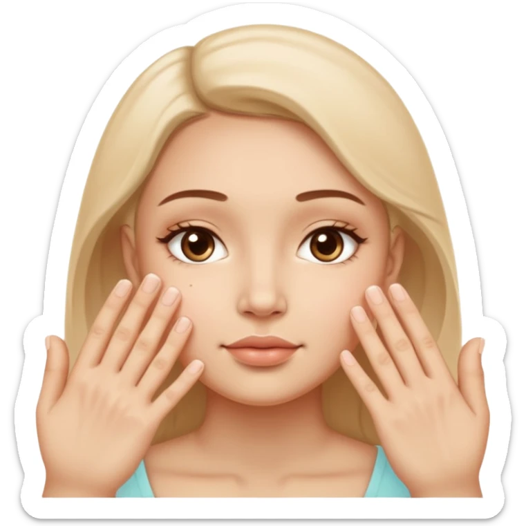 Simple wellness-style emoji of a face with a hand gently pressing and guiding facial fullness downward and outward, showing reduced face fat and puffiness, clear slimming effect on cheeks, natural and healthy look, no makeup sticker