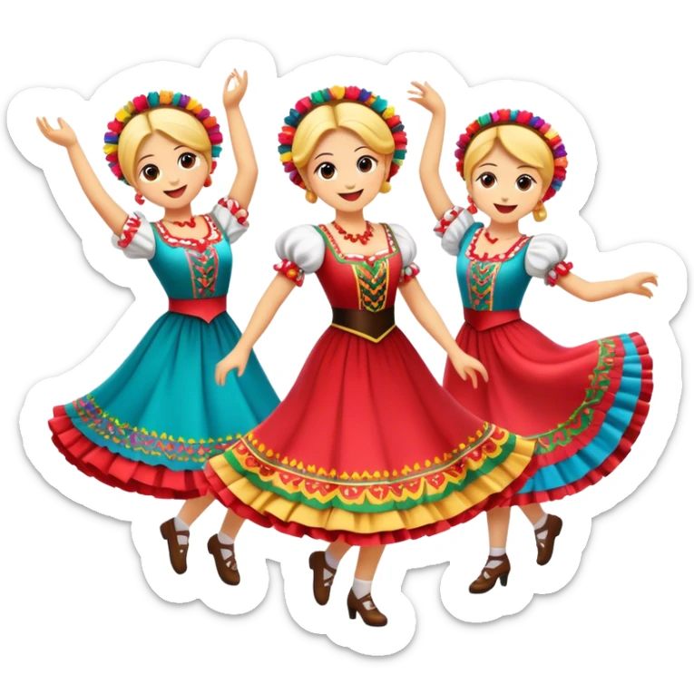 Cinematic Realistic Mazurka Dance Emoji, depicted as a lively traditional Polish folk dance scene with colorful costumes and spirited movement, rendered with dynamic textures and vibrant festive lighting that captures its rhythmic energy. sticker