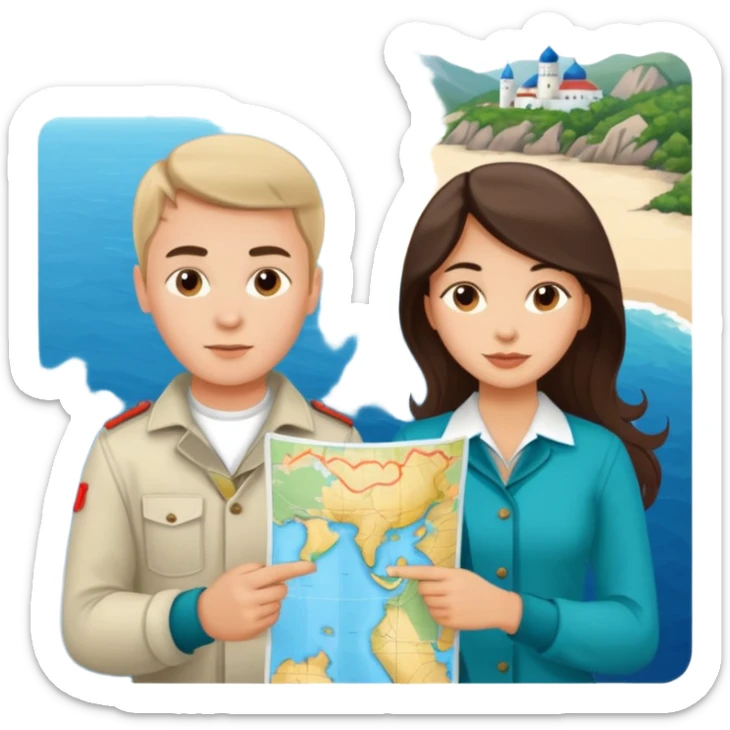Russian young man and elegant fair-skinned Latina girl in costal outfits with a map planning  sticker