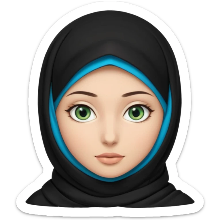 a girl wearing a black hijab and has green and blue eyes with another model of a hijab like a hijab but it's showing the neck Its neckfree sticker