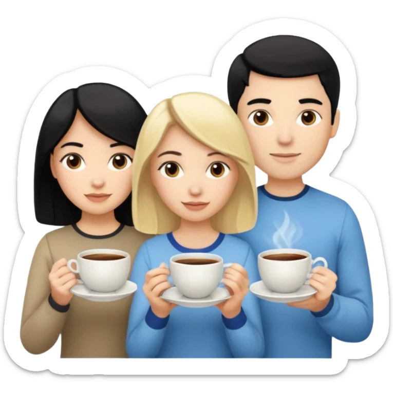One blond white woman, one black hair white woman and one dark blond white man with tea cups each sticker