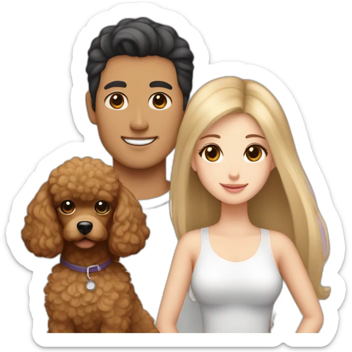 A couple consisting of asian korean man with dark eyes and hair tanned skin and white girl with long straight blonde hair and brown eyes with brown toy poodle sticker