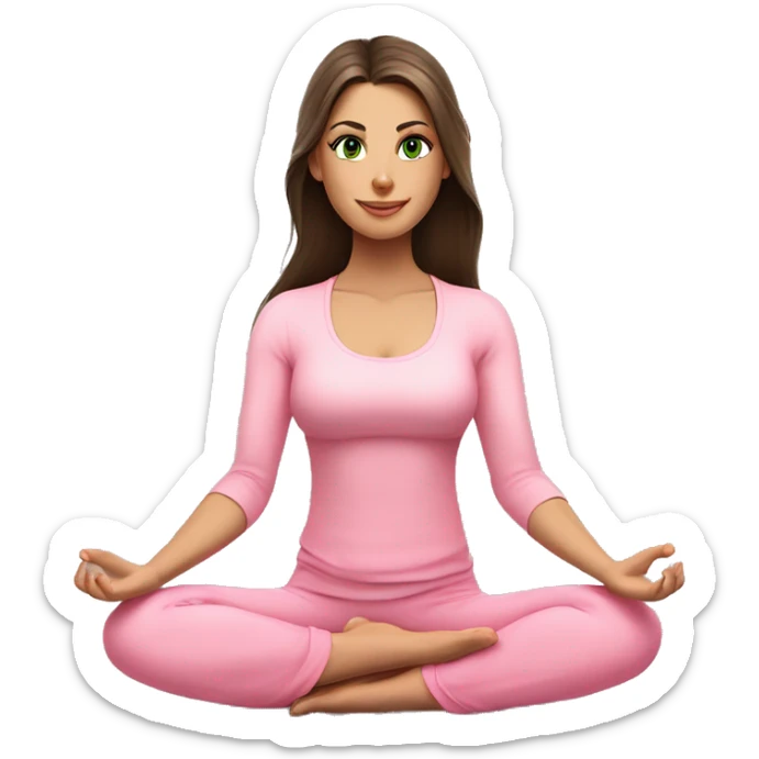 Brunette long hair and green eyes yoga beautiful girl in light pink pink pink clothes sitting on a yoga mat sticker
