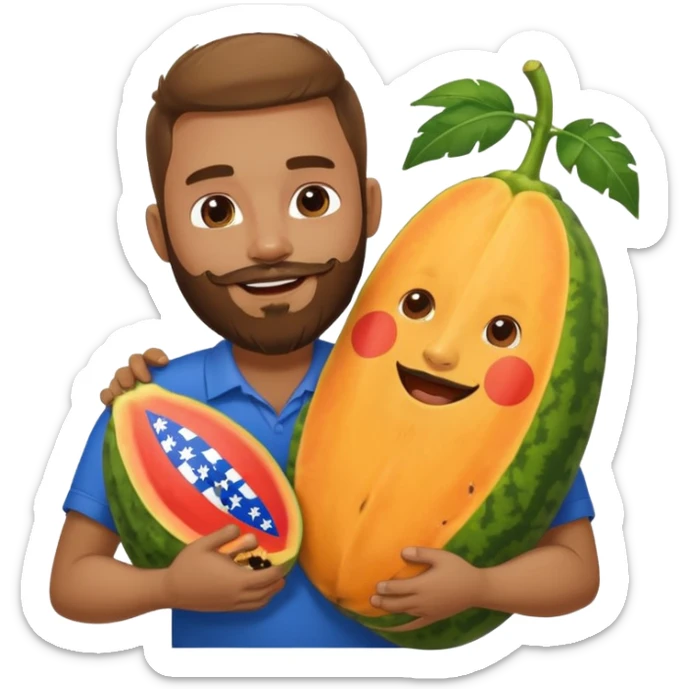 A very happy papaya hugging a curly hair man with a beard and Dominican flag on his shirt   sticker