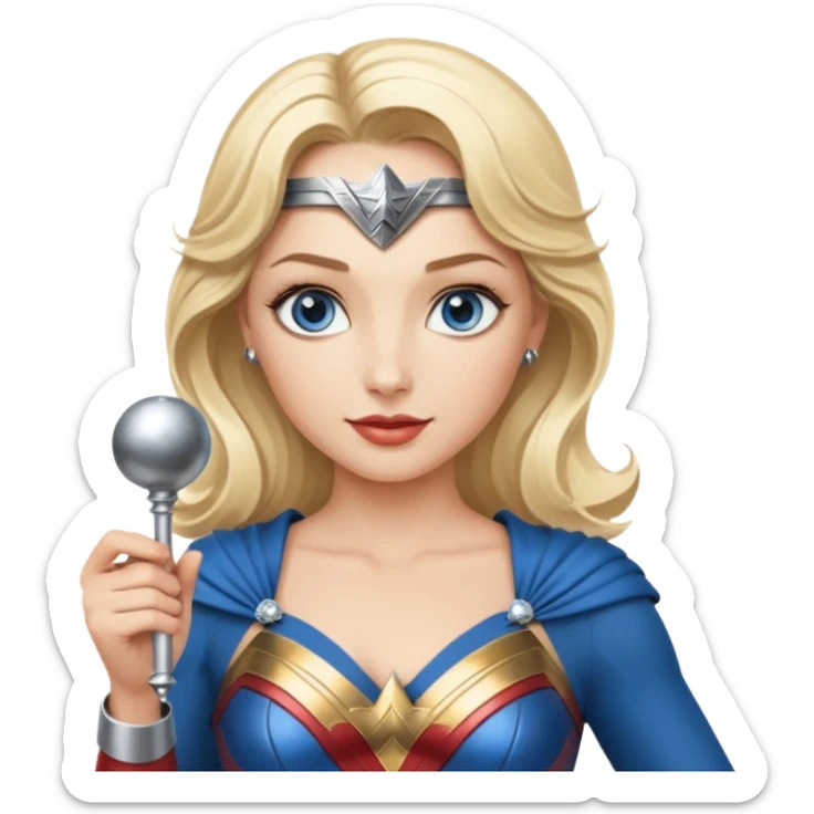 Blonde blue eyes Wonder Woman holding bell and short white orchestra conductor’s baton  sticker