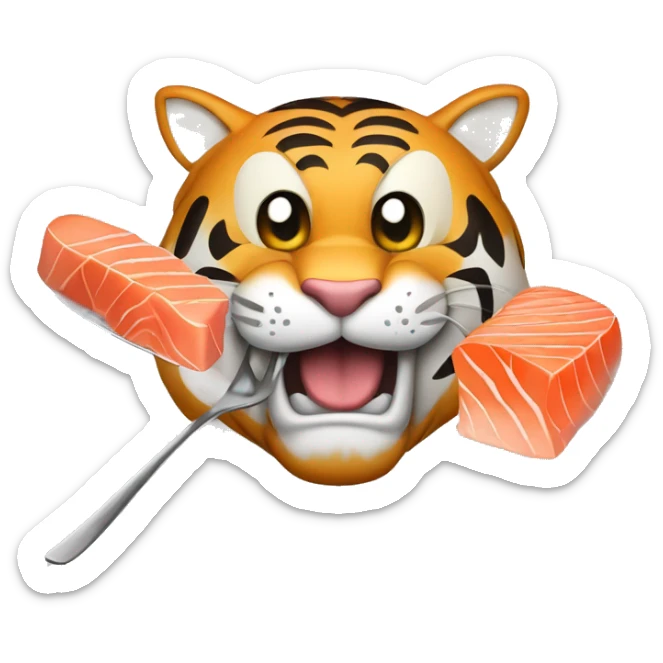 a muscular grinning tiger holding a fork poking into a fillet of salmon with the tip of its paws sticker