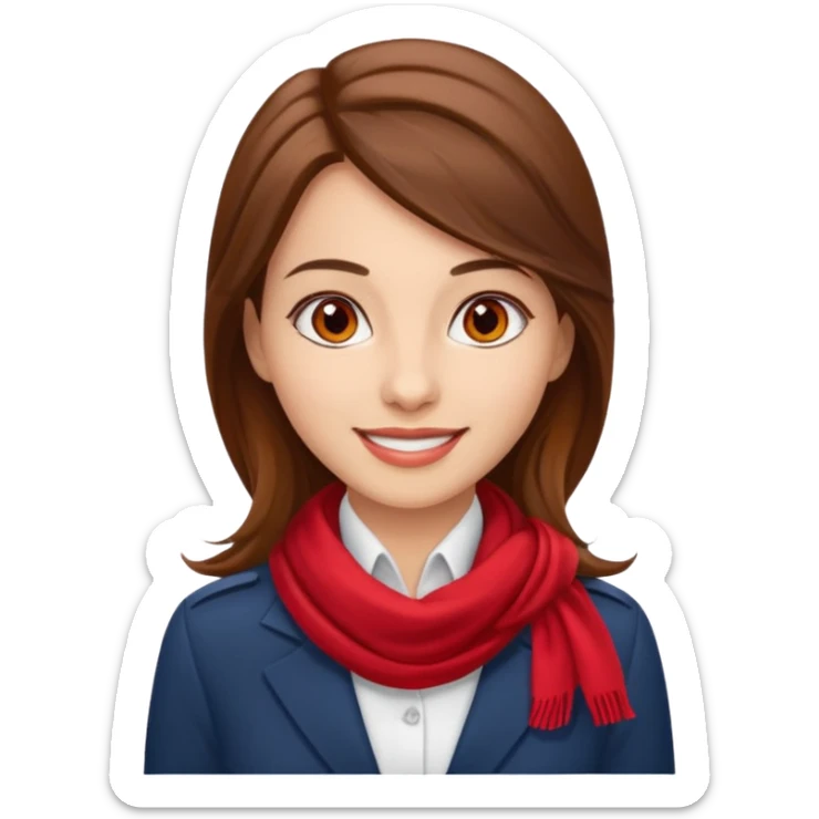 Female flight attendant, with red scarf, white shirt, long brown hair, brown eyes, iOS emoji-type face, fair skin,  sticker