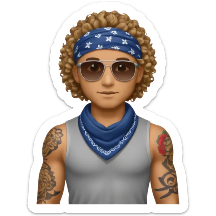 curly hair tatoon men gym body  with bandana & sunglass sticker