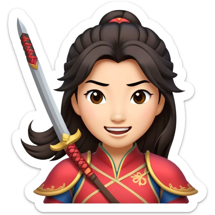 Cinematic Playful Mulan Portrait Emoji, Mid-laugh with a strand of hair falling over her face, adjusting her armor, eyes full of adventure, exuding an irresistible mix of beauty and fun, the perfect blend of warrior and princess! sticker