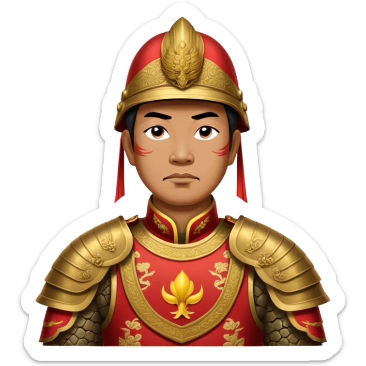 Trần Hưng Đạo – Cinematic Realistic Portrait of Trần Hưng Đạo, depicted as a revered Vietnamese general in traditional armor with a determined gaze, rendered with intricate historical textures and dynamic lighting that highlights his legendary martial spirit and leadership. sticker