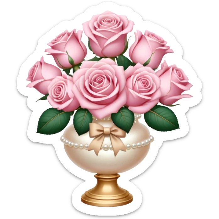 Realistic aesthetic powder pink rose bouquet  in a pearl vintage vase and a beige bow with gold decoration  sticker