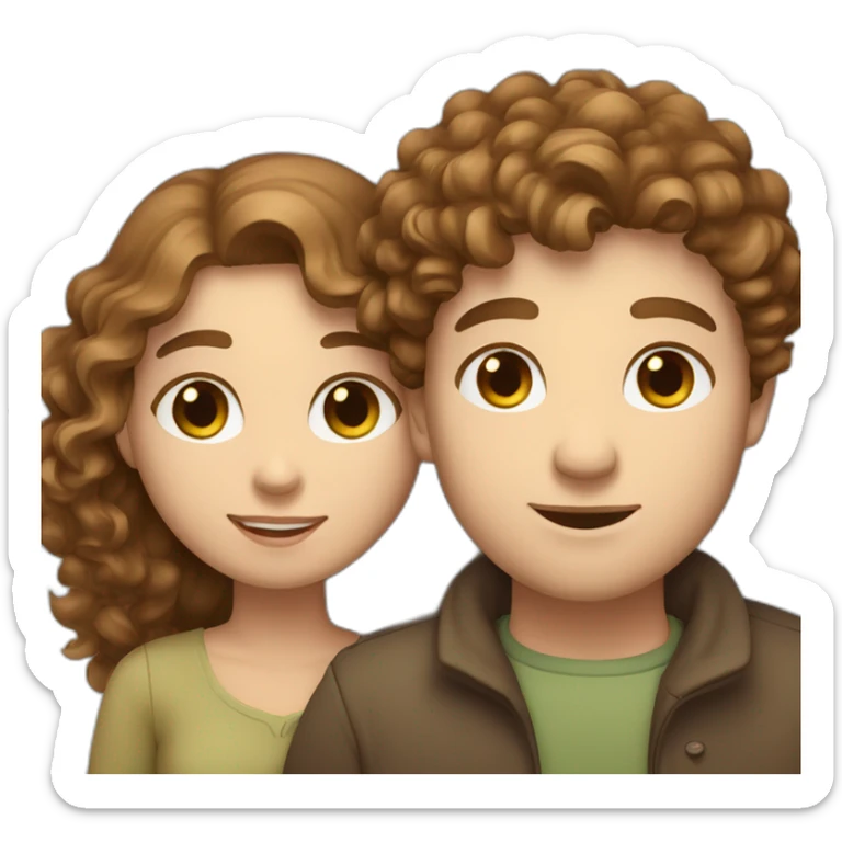 Couple, hugging, white European man with brown curly hair and blue eyes. chubby woman with long light brown curly hair and blue-green eyes. sticker