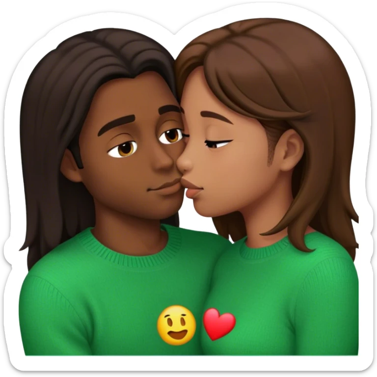 Young guy very slightly dark skin and with black slightly long hair kissing a young woman with brown hair and  green sweater with the emoji made s there is no part that is cut off sticker