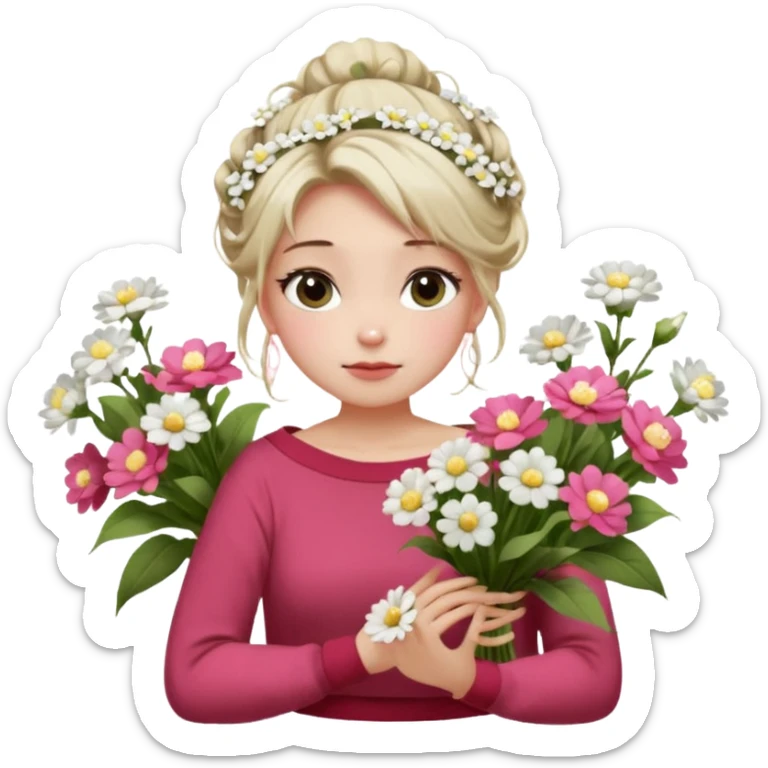 a girl  sitting  near various bouquets of flowers , white and pink flowers . She is holding a single white flower up to her face, Her hairstyle is slightly messy updo, with a few soft strands falling around her face, . She wears a red off-shoulder cardigan and a white long skirt. sticker