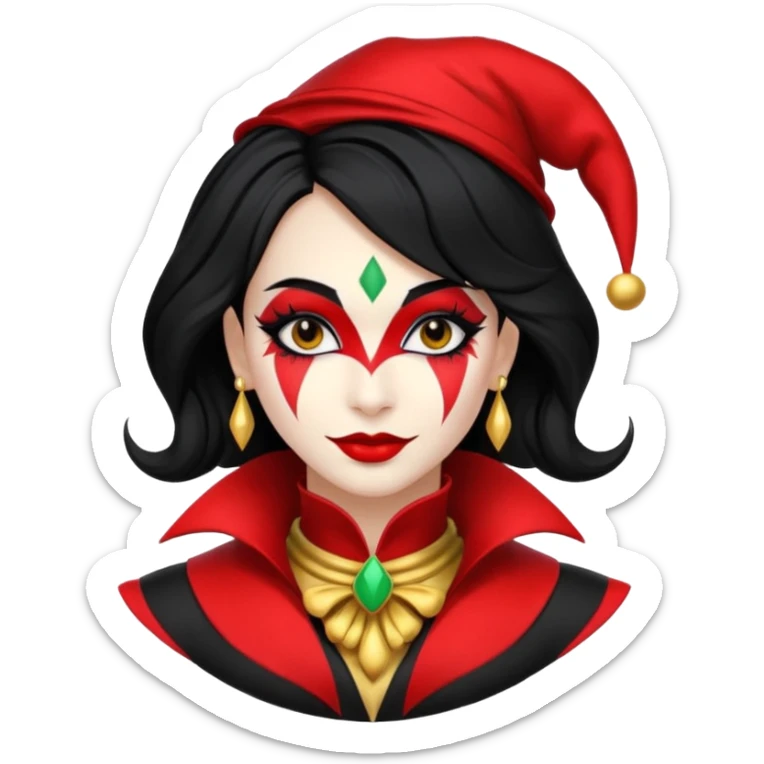 Jester woman, black and red suit, black hair, white and black make up sticker