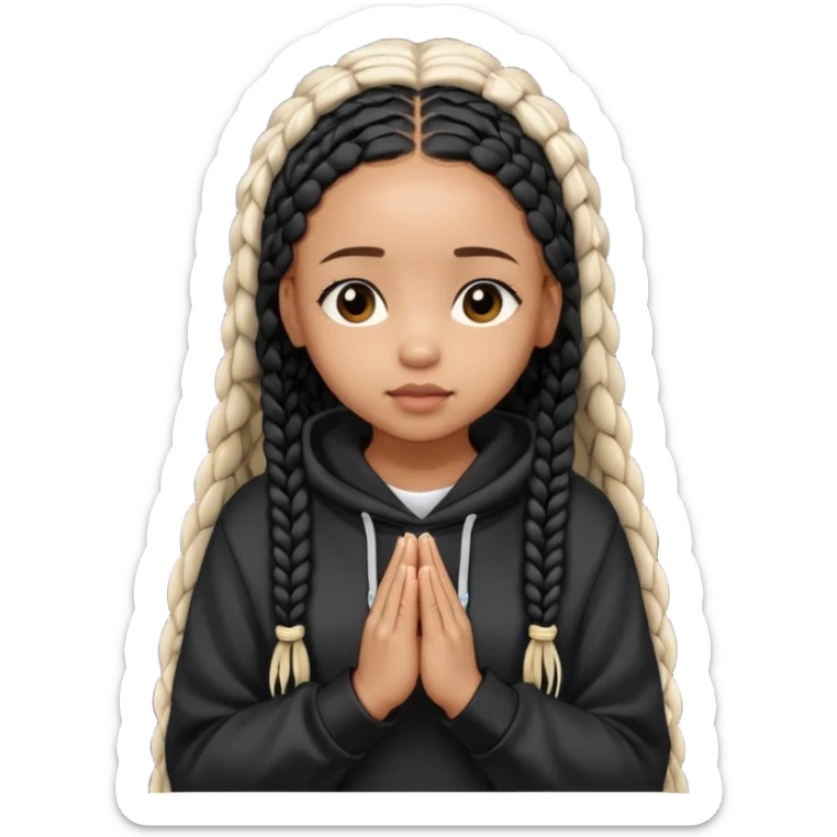African American girl light skin with long black box braids and plain black hoodie with prayer hands sticker