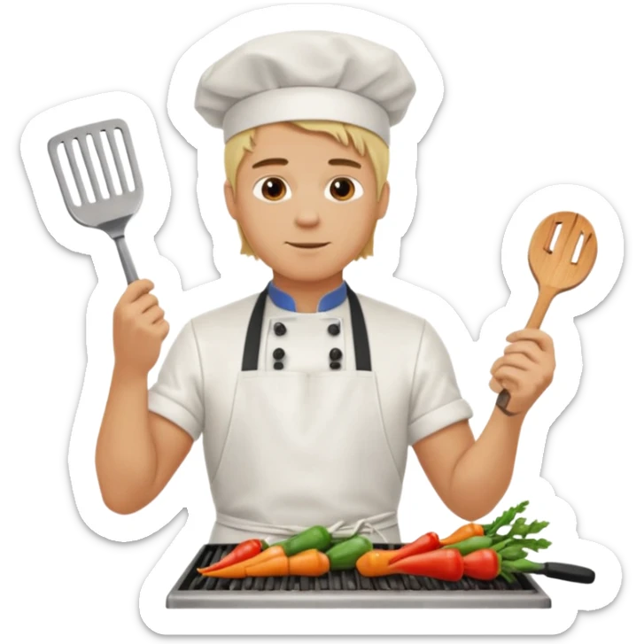 man with tied blond hair and and a white apron grilling vegetables on a sizzling grill sticker