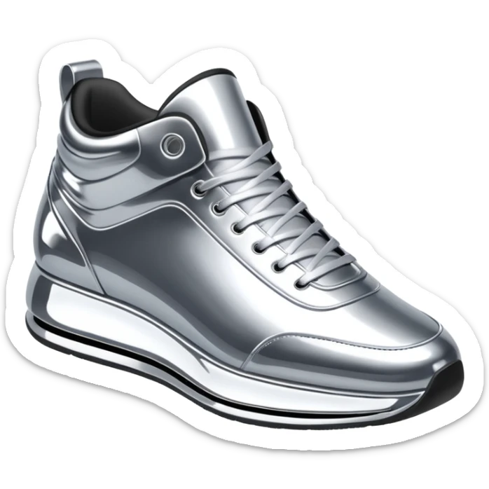 A pair of futuristic sneakers emoji made of silver chrome, sleek streetwear design, smooth metallic panels, subtle reflections, luxury swag aesthetic, iOS emoji style, centered, clean white background sticker