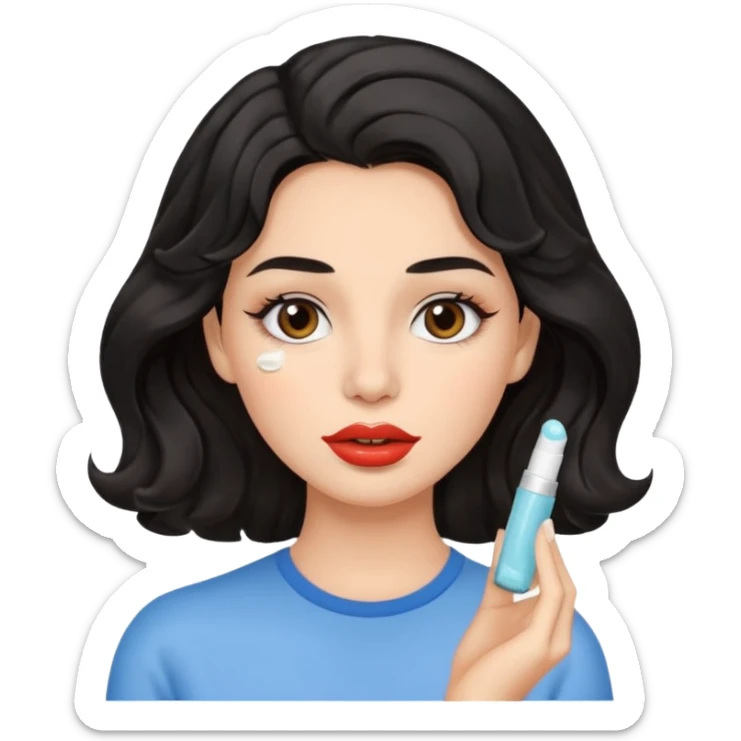 A gorgeous with black wavy hair women applying cute thin lipbalm on her brown lips sticker