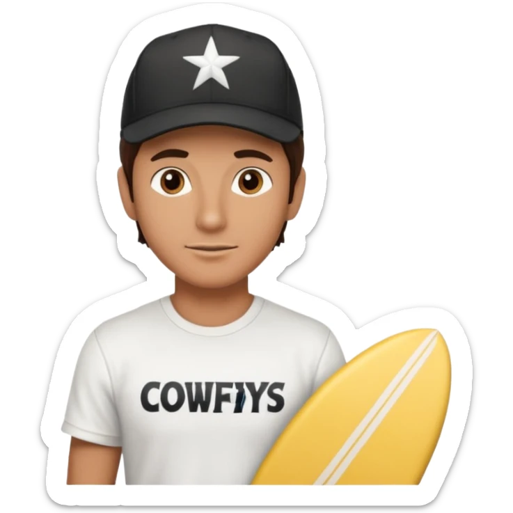 Male brunette movie producer black baseball hat that says surfing cowboys with white tshirt sticker