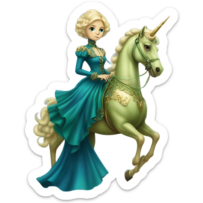 "galora green blonde alien woman" in blue Victorian dress elegant, full body, on gold unicorn sticker