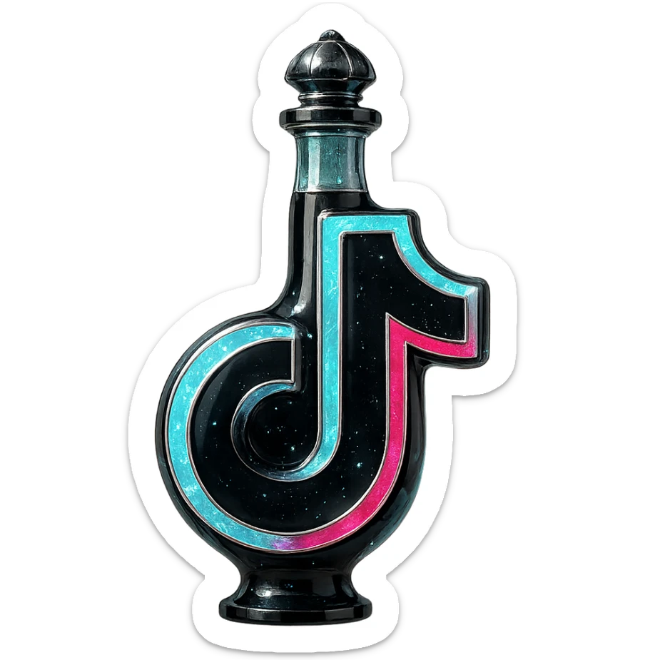 prabangus eliksyro buteliukas, TikTok logotipo forma, juoda ir žydra su rožiniais akcentais, sidabrinės ir holografinės detalės, dar daugiau magiškų efektų, labai mažas kaklelis, vientisas dugnas, skaidrus fonas, buteliukas plūduriuoja ore, be pagrindo ar šešėlio, modernus, kolekcijai tinkamas sticker