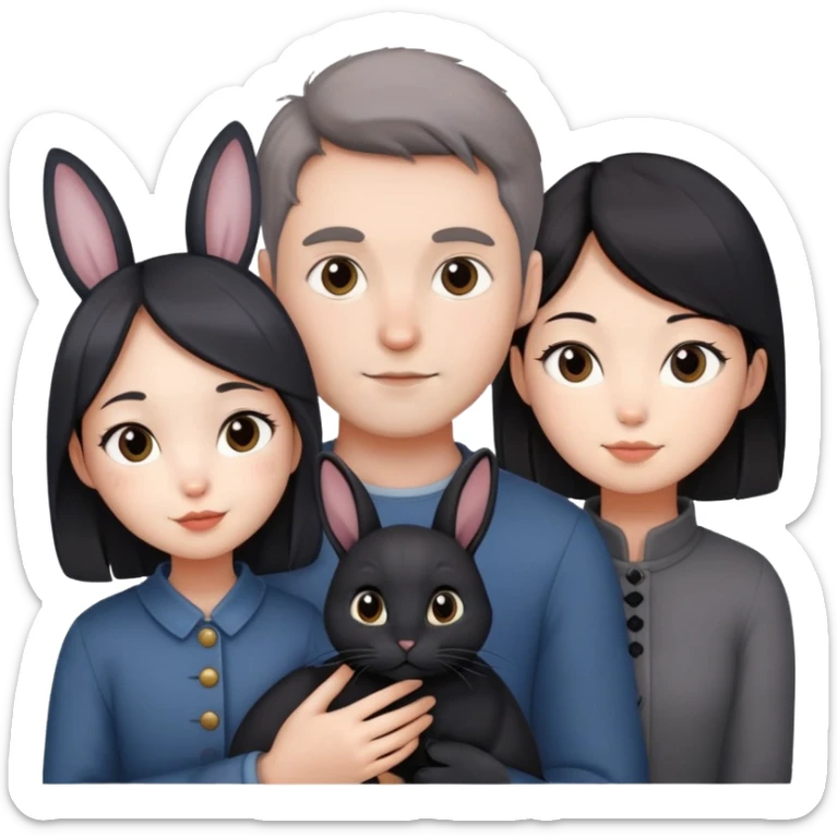 A french guy with a chinese girl, and a grey rabbit and a bliack cat sticker