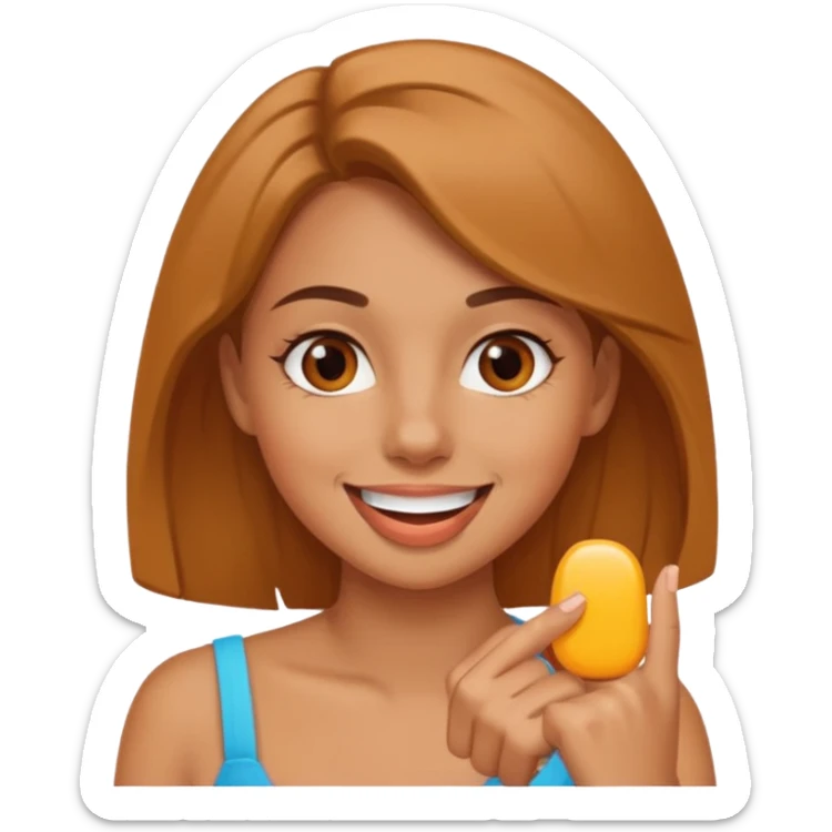 create an emoji of a young woman, tanned face, smile. she is doing a cash with her finger on her mouth to signalise us to stay quiet. sticker