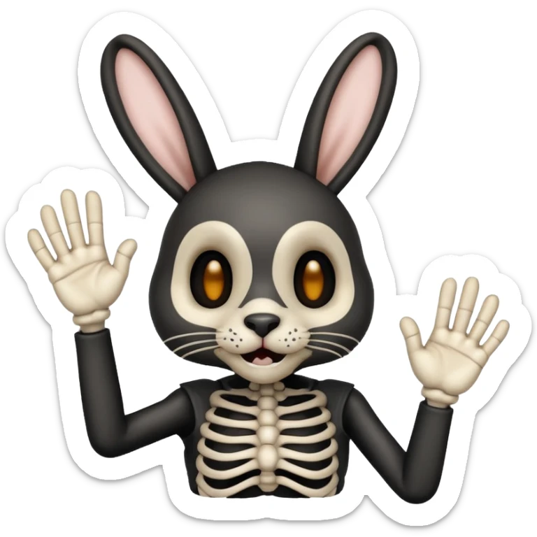 emoji d'une tête de lapin squelette noire qui dit bonjour de la main sticker