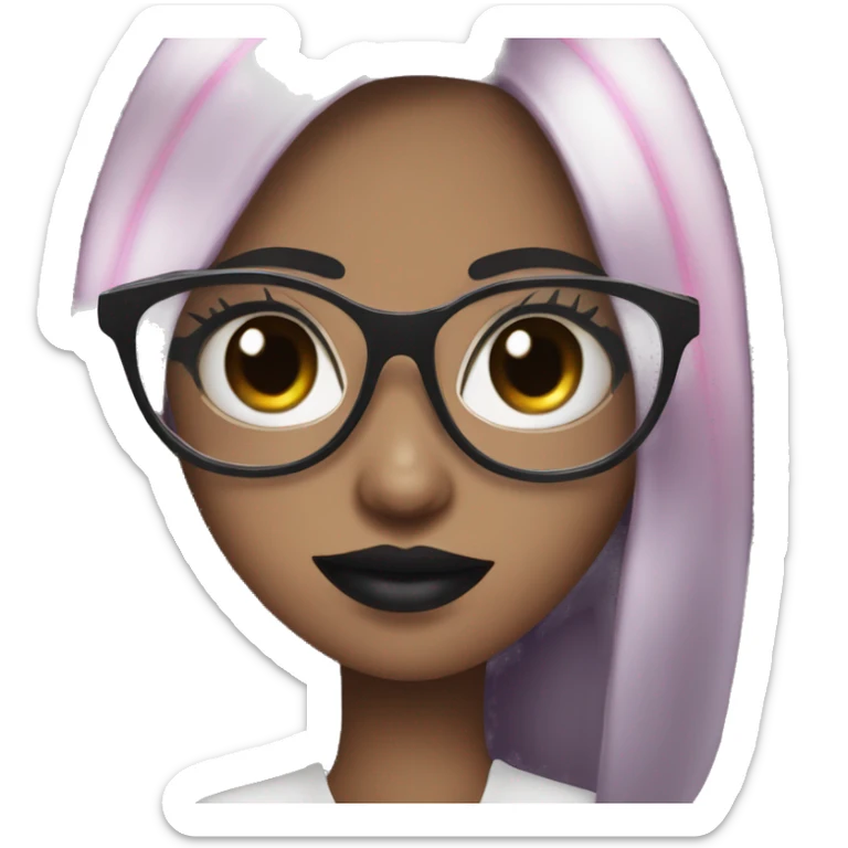 Lovely Vampire girl with white teeth and glasses and black hair and black eyes and pink lip sticker