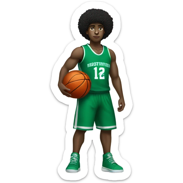 Muscular big black Afro light-skinned skinned male teenager in a green basketball uniform holding a basketball.  sticker