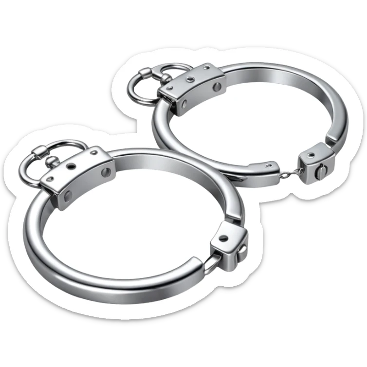 A pair of elegant handcuffs emoji made of silver chrome, smooth rounded design, glossy metallic reflections, luxury fetish aesthetic, minimal iOS emoji style, centered, clean white background sticker