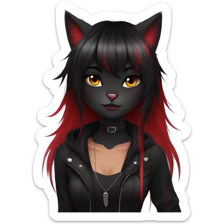 Anthro Edgy Cool Beautiful Black Cat-Fursona with Emo Hair-bangs with Red Streaks sticker