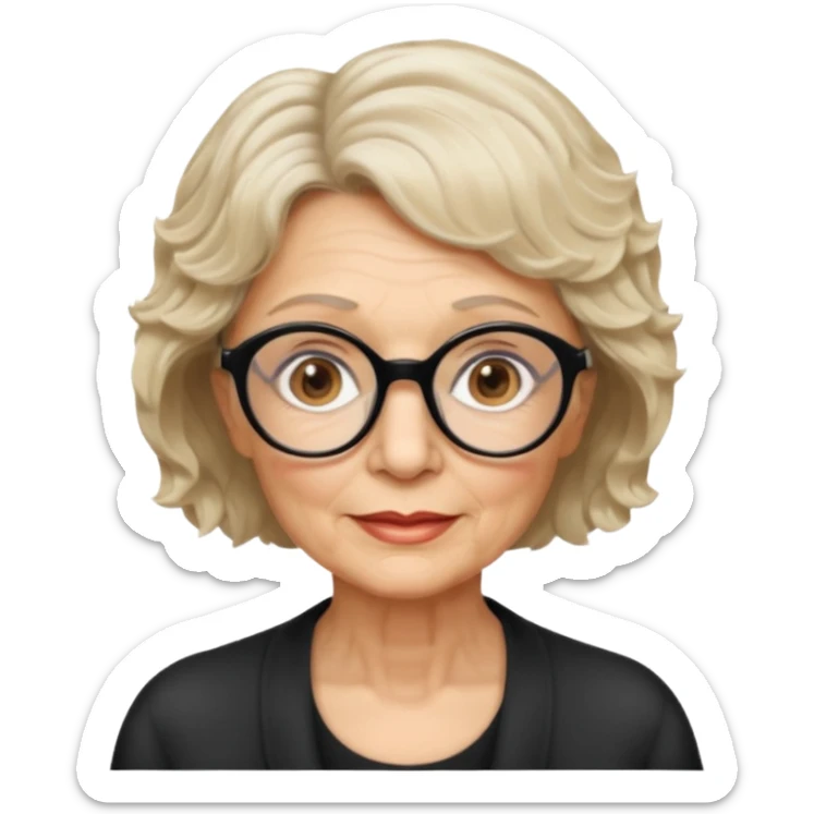 woman 70 years old, very short blonde weavy hair, brown eyes and round dark glasses sticker