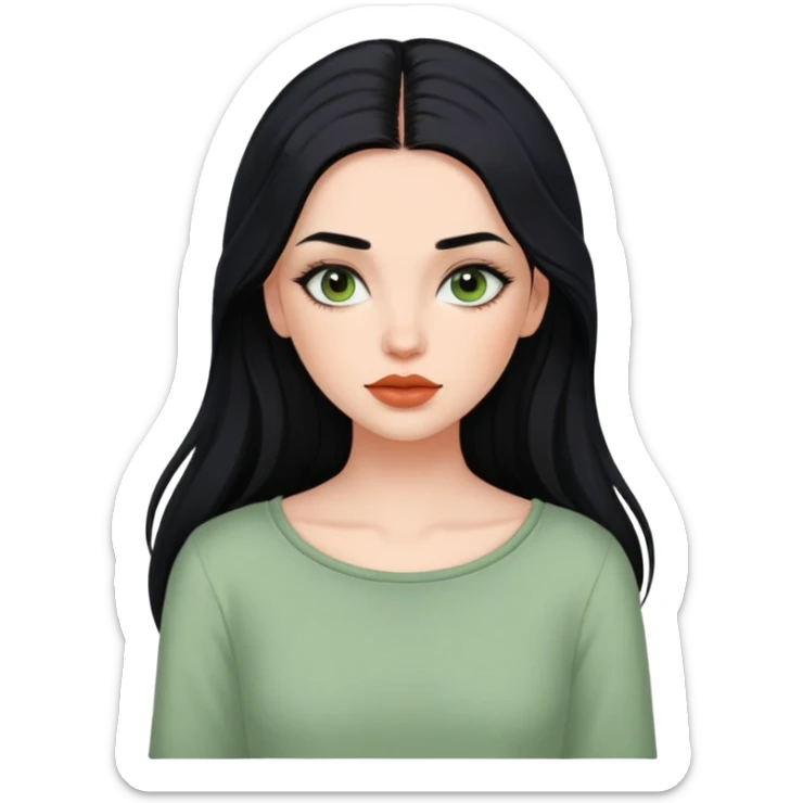 european girl with long black hair, long eyelashes, terracotta lips, light green top sticker