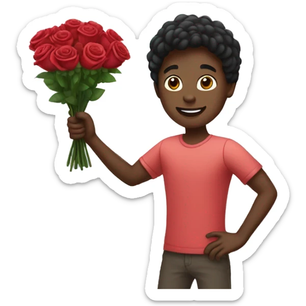 Create an emoji of a dark-skinned Boy throwing a bouquet of roses. sticker